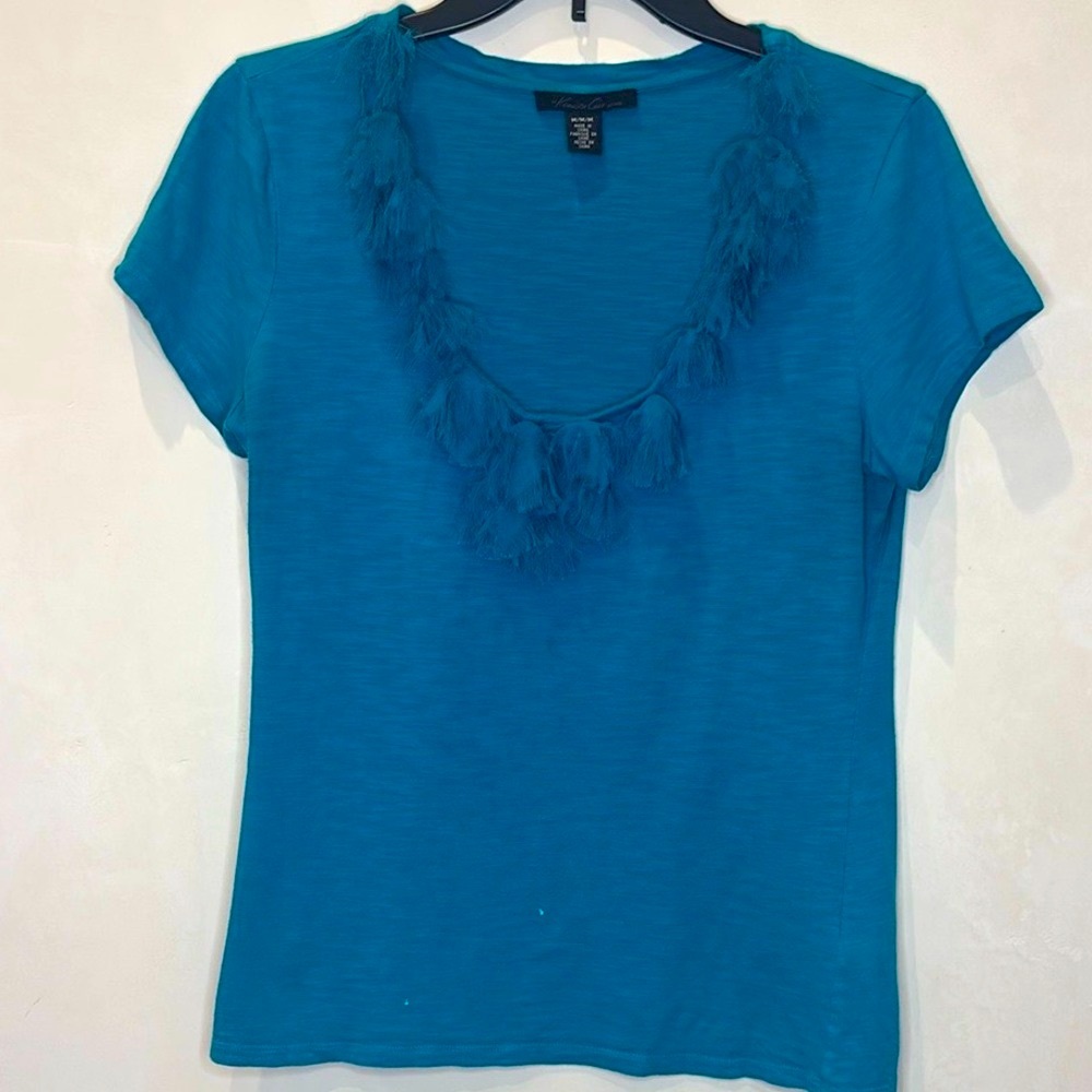 Kenneth Cole Turquoise Floral Fringe Neckline Top – Size M, Artsy Look.